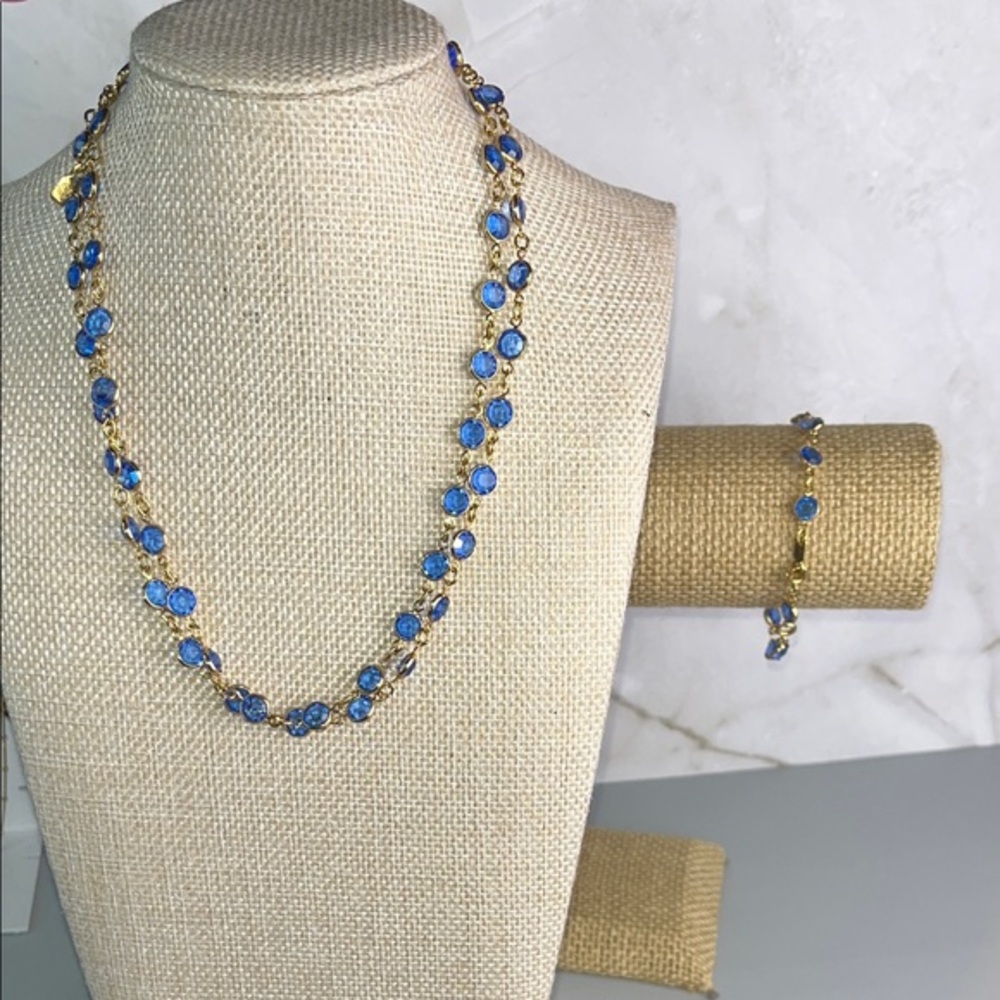 Signed Swarovski Blue Bezel Crystal Necklace & Bracelet